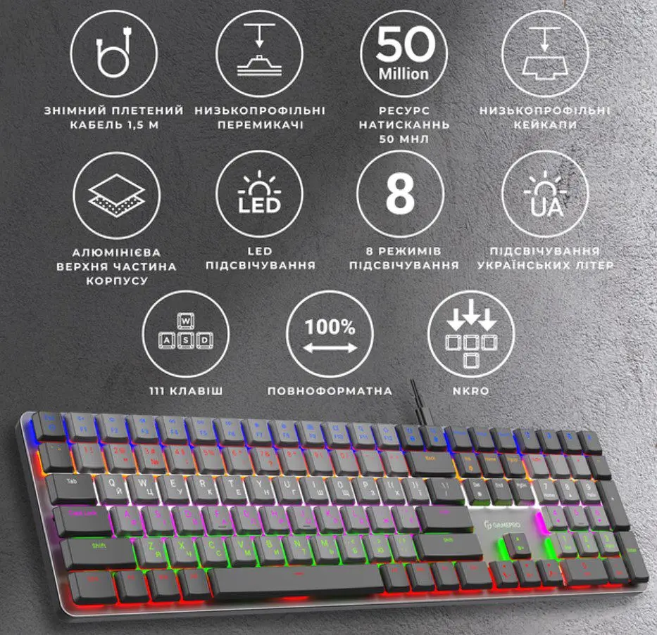 Клавіатура ігрова механічна GamePro GPMK-145R USB Outemu Red Swich Low Profile Dark Gray - фото 3