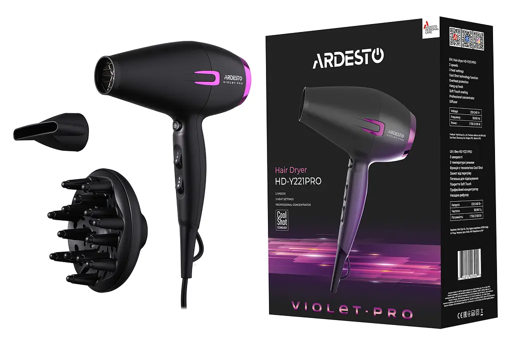 Фен Violet PRO HD-Y221PRO , 1750-2100Вт, 2 швидкості, 3 темп.режими, дифузор, чорний ARDESTO teh0017657 - фото 8