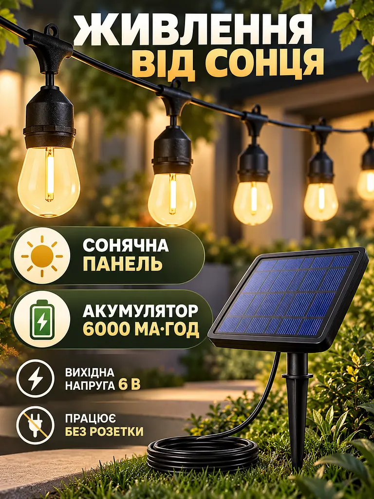 Вулична гірлянда на сонячній батареї 10 м 20 ламп Едісона E27 IP65 2200K, тепле світло (49676443) - фото 5