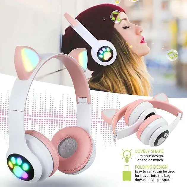 Навушники бездротові Cat ear VZV-24M Bluetooth з різнокольоровим LED підсвічуванням та котячими вушками Рожеві - фото 5