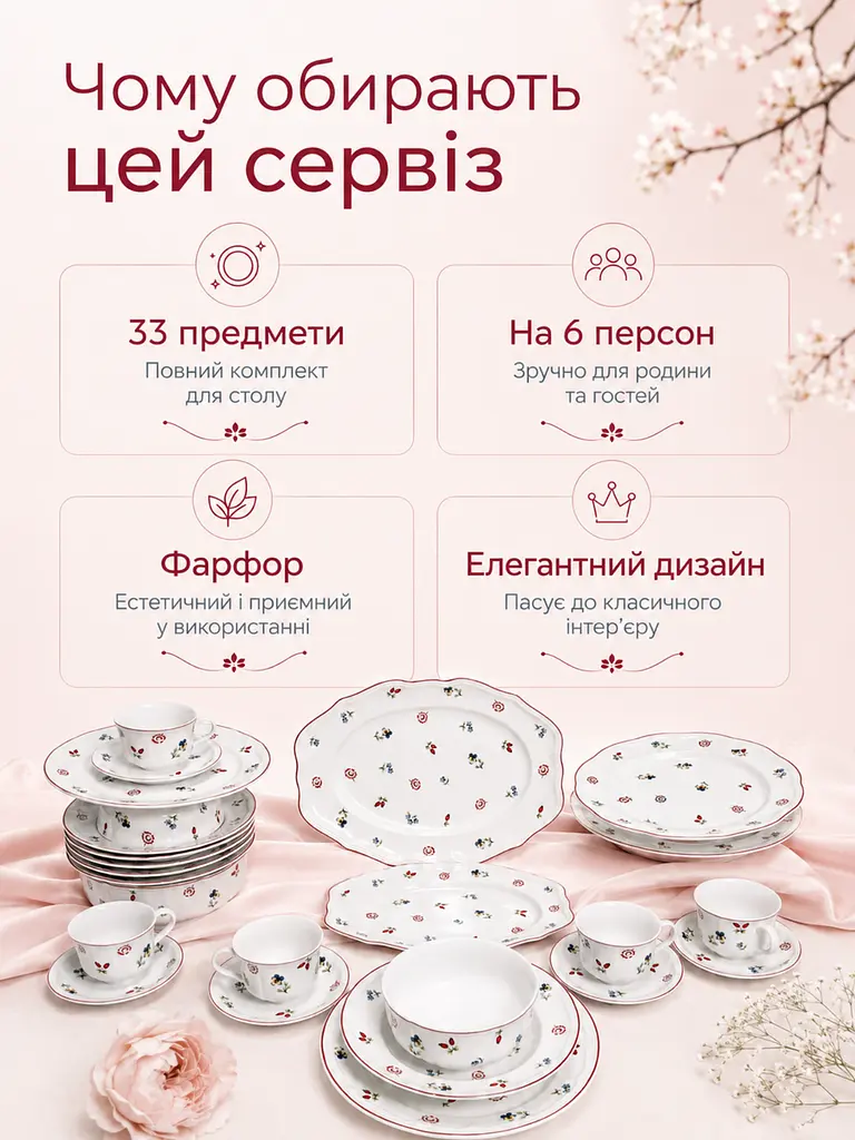 Столовий сервіз із фарфору 33 предмети на 6 персон для сервірування столу кремово-білий з квітковим візерунком (37261976) - фото 8