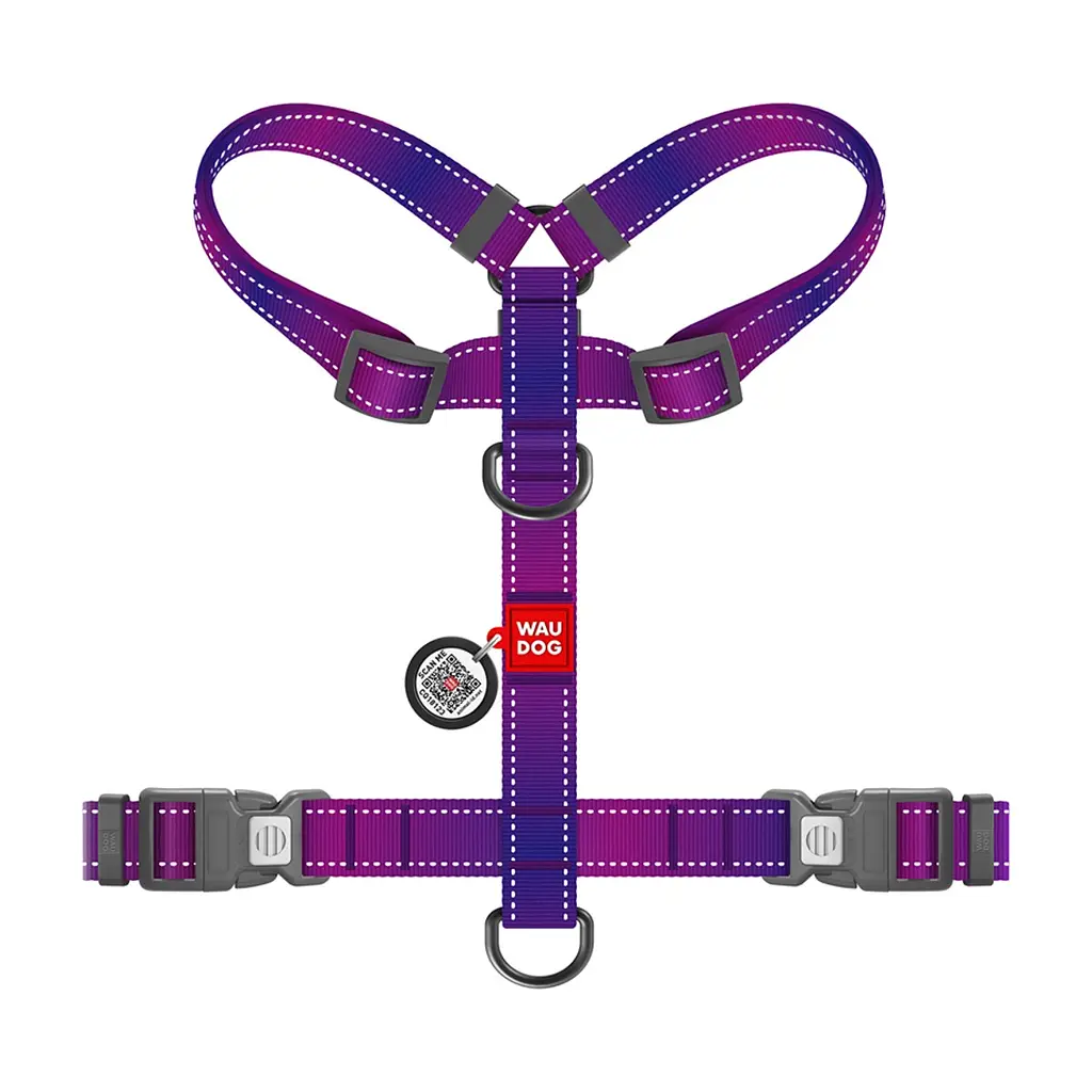 Шлея для собак WAUDOG Nylon Mono H-подібна з QR паспортом, світловідбивна, S фіолетова (54569) - фото 2