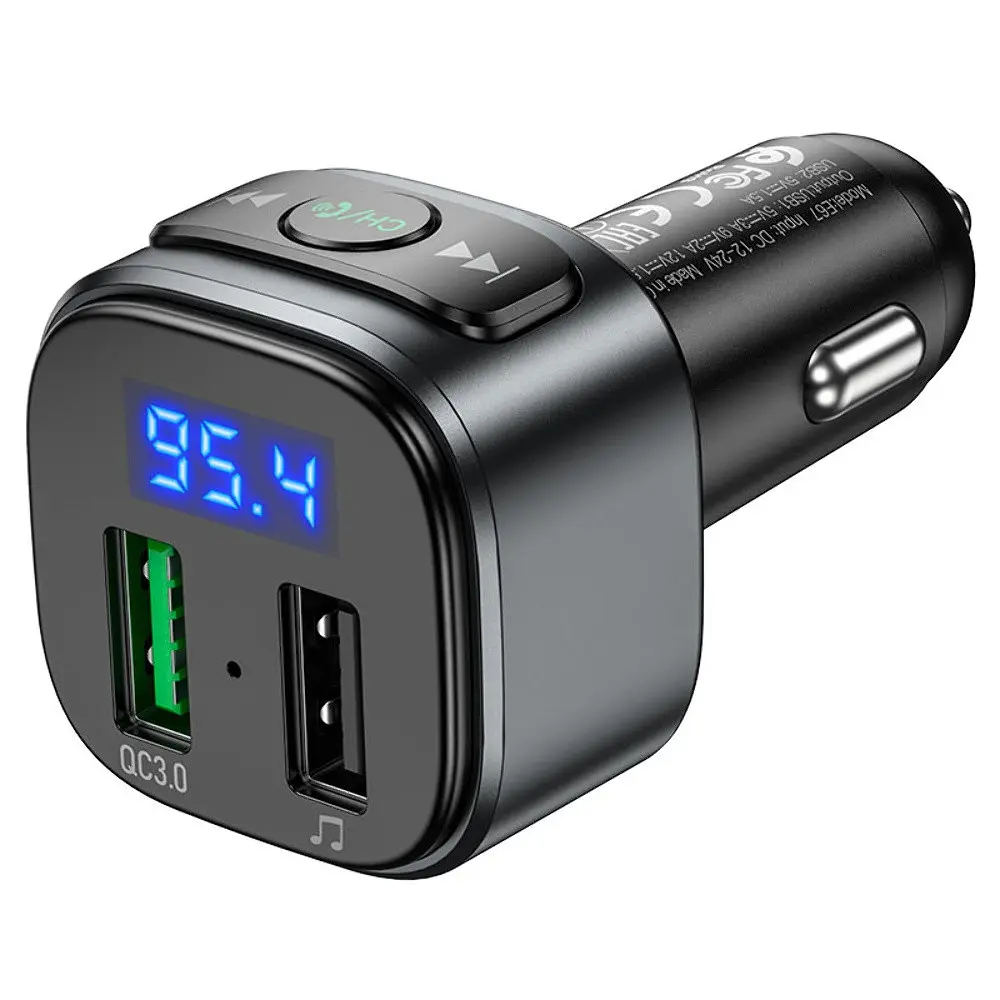 Автомобільний зарядний пристрій Hoco E67 2 USB QC 18W з FM-модулятором сріблясто-чорне - фото 5