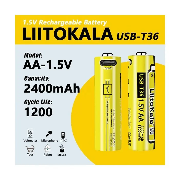 Акумулятор AA, LitoKala T36 1.5V, Type C роз'єм 2400mAh, ОРИГИНАЛ - фото 2