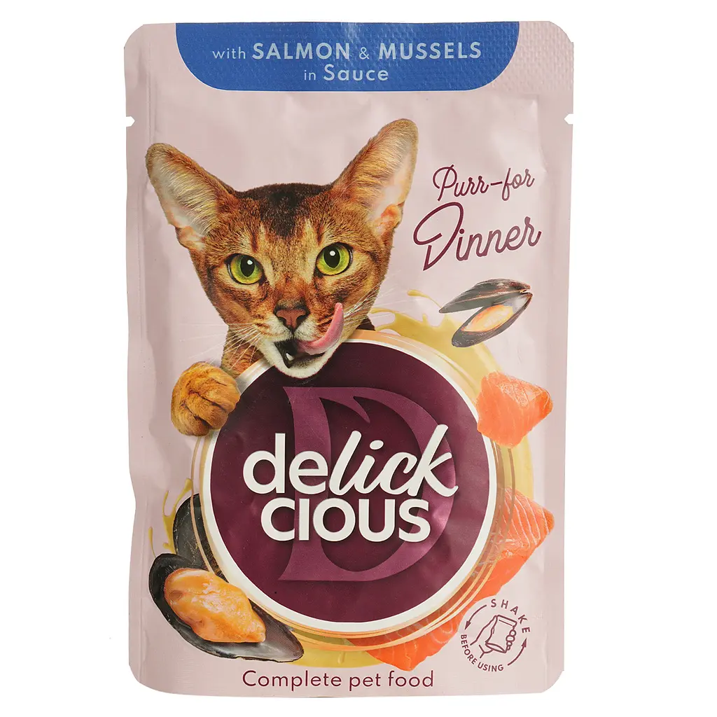 Вологий корм для котів Delickcious шматочки з лососем і мідіями в соусі 85 г - фото 2