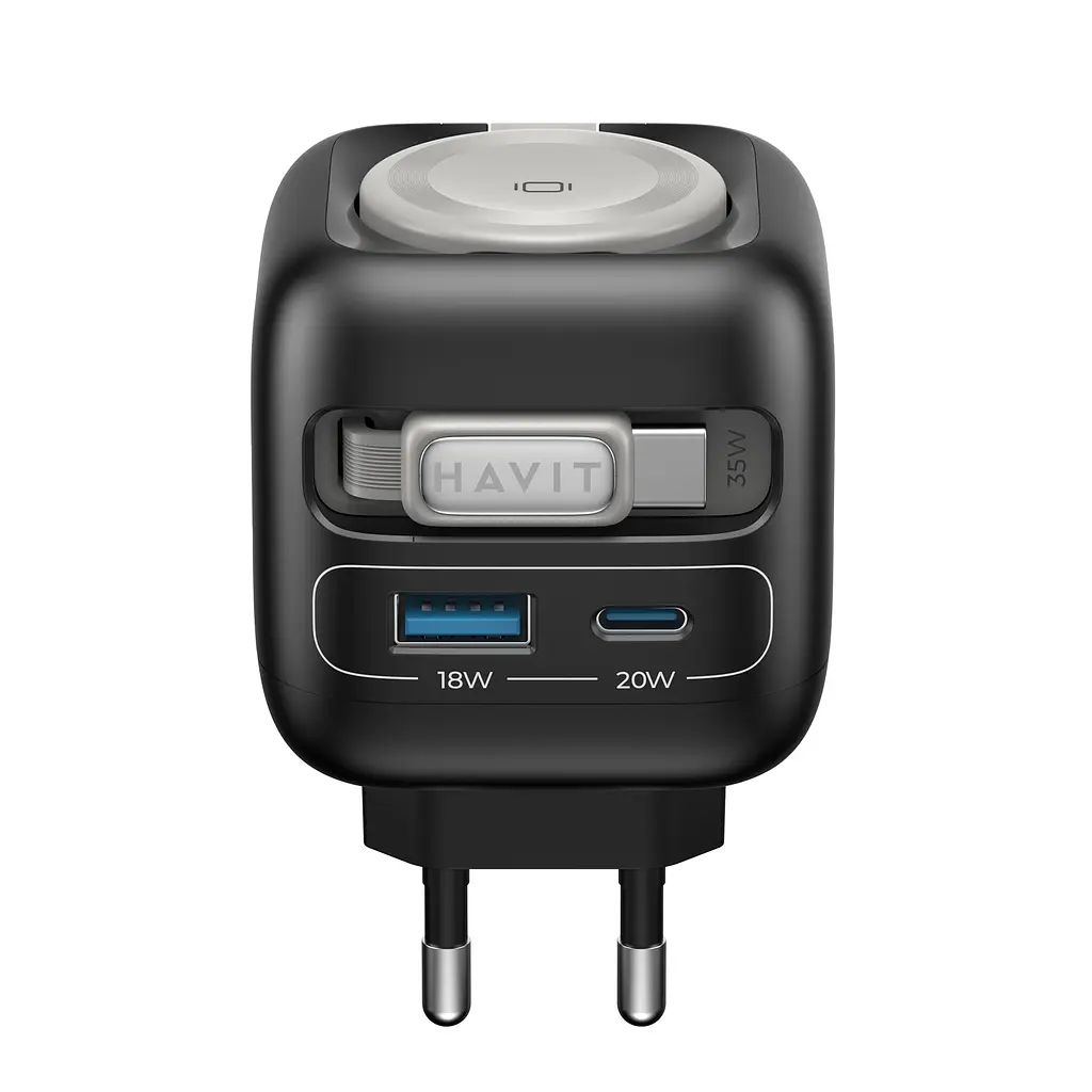 Зарядний пристрій Havit UC250 GaN 35W USB-A+USB-C + кабель USB-C + Watch Charger (HV-UC250-BK) - фото 4