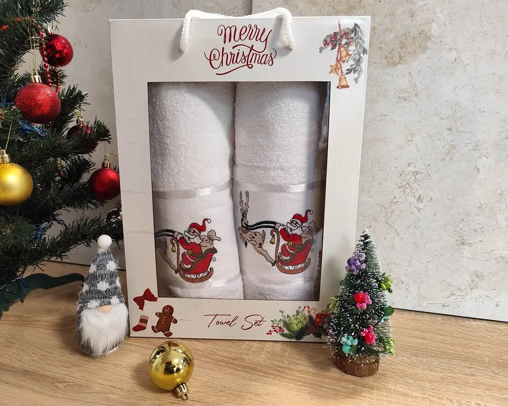 Набір новорічних рушників Gulcan 50x90+70х140 Merry Christmas Sled White - фото 3