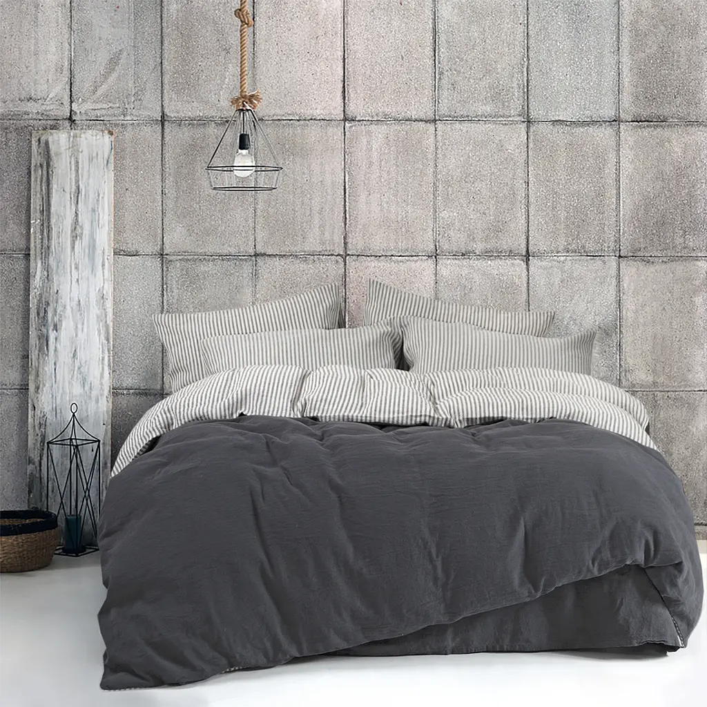 Постельное белье со льна Lotus Home - Karlin stripe linen антрацит евро - фото 2