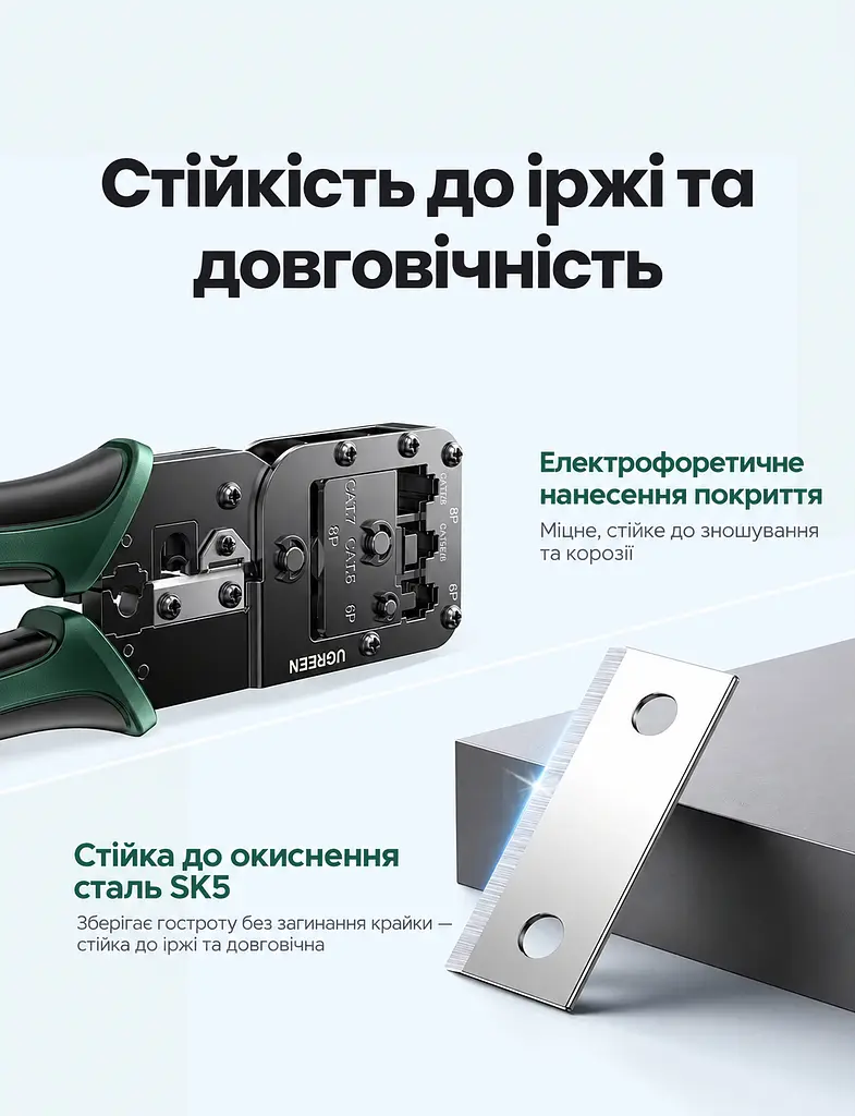 Обтискні кліщі для мережевого кабелю UGREEN NW200 кримпер для RJ45 8P та RJ11 6P зі зняттям ізоляції та різанням для конекторів Cat5 / Cat5e / Cat6 / Cat6a / Cat7 / Cat8 не для наскрізних конекторів або 4P з обтисканням хвостового затискача два отвори 8P без перемикання викруткою з м’якими нековзними руків’ями з фіксувальним кільцем для зберігання чорні (15115) - фото 10