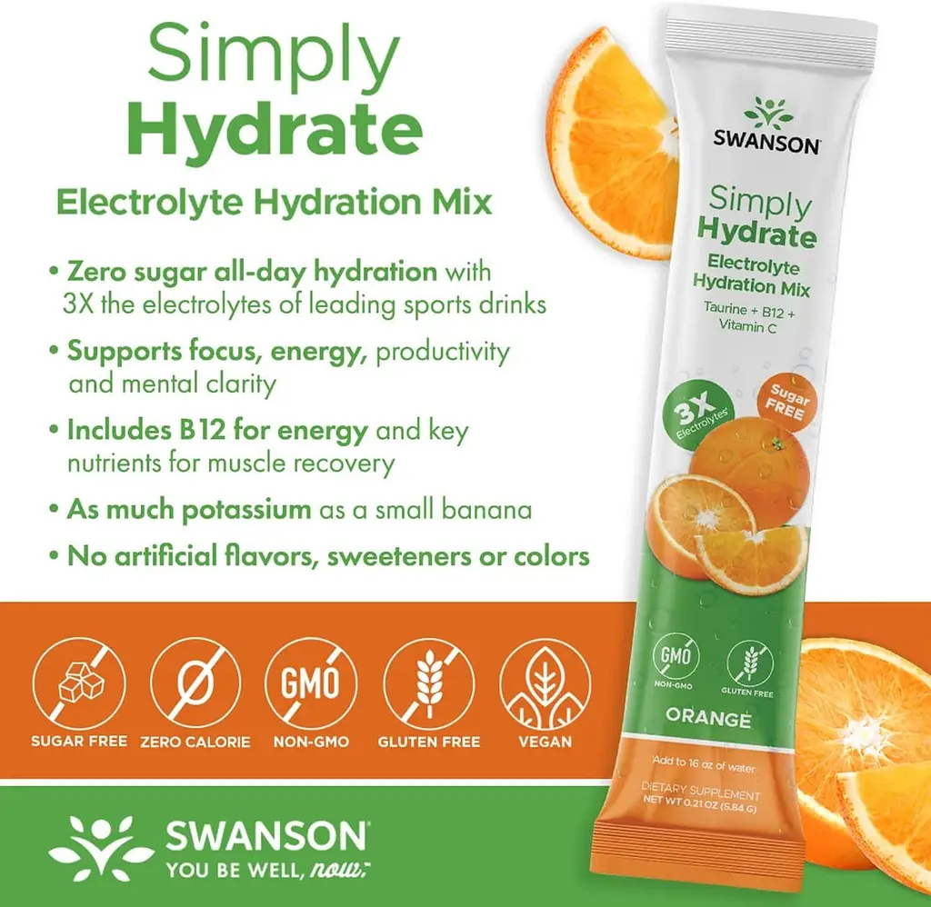 Електролітний комплекс Swanson Simply Hydrate Electrolyte Hydration Mix 30 апельсинових стіків - фото 4