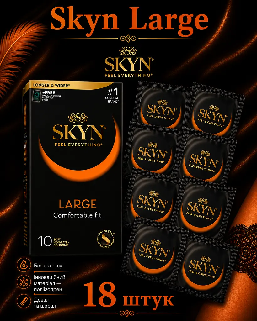 Презервативи Skyn Large безлатексні 18 шт — збільшений розмір, поліізопрен, комфорт та природні відчуття