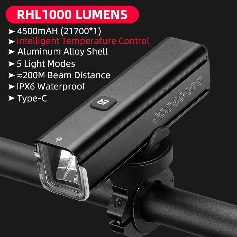 Велофара ROCKBROS RHL 1000 мощная аккумуляторная USB 4500 mAh 1000 LUM - фото 2