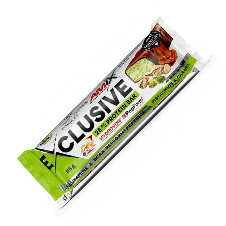 Батончик AMIX Exclusive Protein Bar, 85 грам - Карамель-фісташка