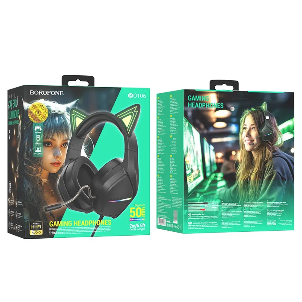 Наушники накладные Borofone BO106 игровые с ушками и LED подсветкой elf cat - фото 5