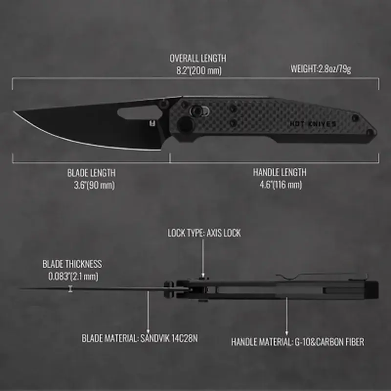 Ніж Hightron Sharplyn, 14C28N, G10 + CF, чорний, чорний клинок (HK01BLK) - фото 10