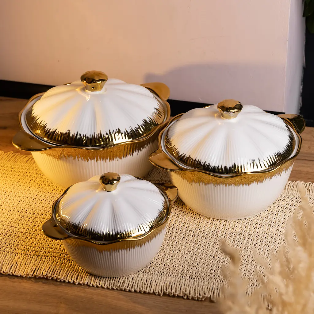 Набор фарфоровых супниц 3 (шт) 0.8/1.8/2.5 (л) с крышкой и ручками для дома и ресторана Золотистый Yiwu XYL216-4A - фото 6