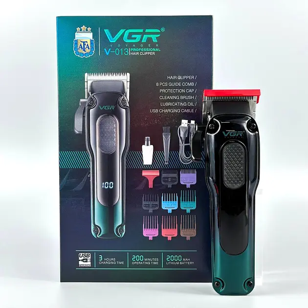 Машинка для стрижки VGR V-013 тример з 8 насадками дисплей 6500 об/хв Чорна із Зеленим 5 Вт - фото 8