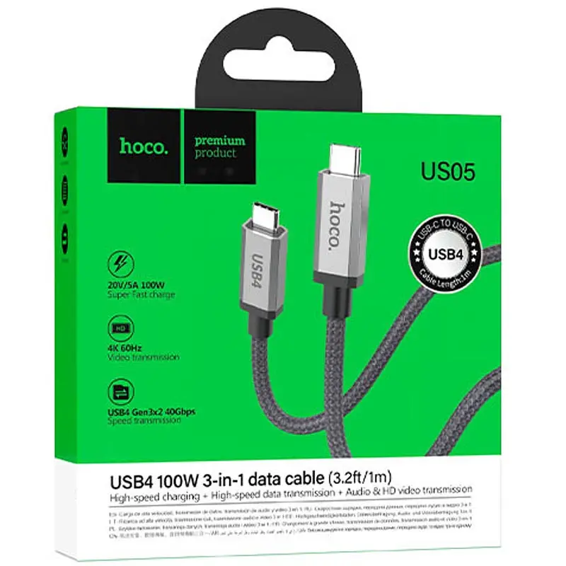 Дата кабель Hoco US05 Type-C to Type-C 100W USB4 40Gbps (1m) Black - фото 5