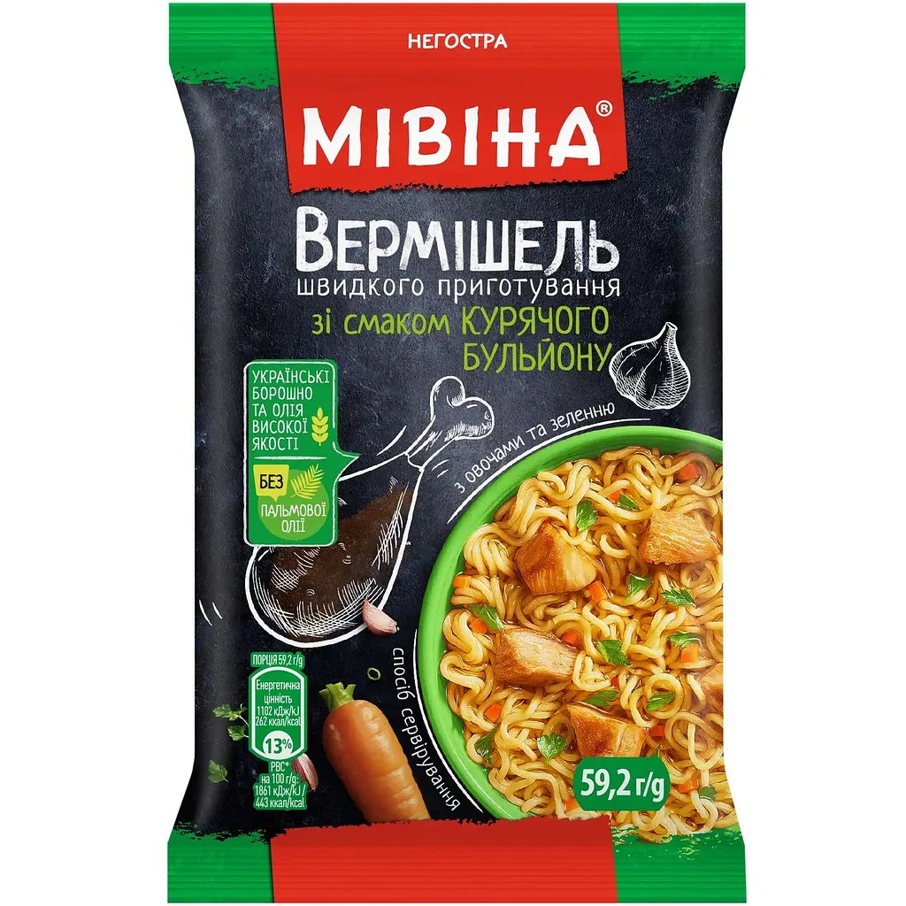 Вермішель швидкого приготування Мівіна зі смаком курячого бульйону з овочами та зеленню негостра 30 шт. х 59.2 г (852591) - фото 2