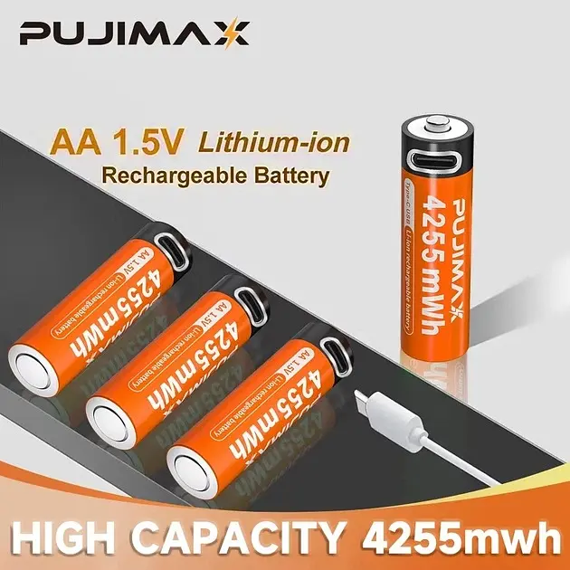 Акумулятори пальчикові AA з входом USB Type-C 4255mWh 1.5V акумуляторні батареї з роз'ємом для заряджання Pujimax 4шт з кабелем - фото 4