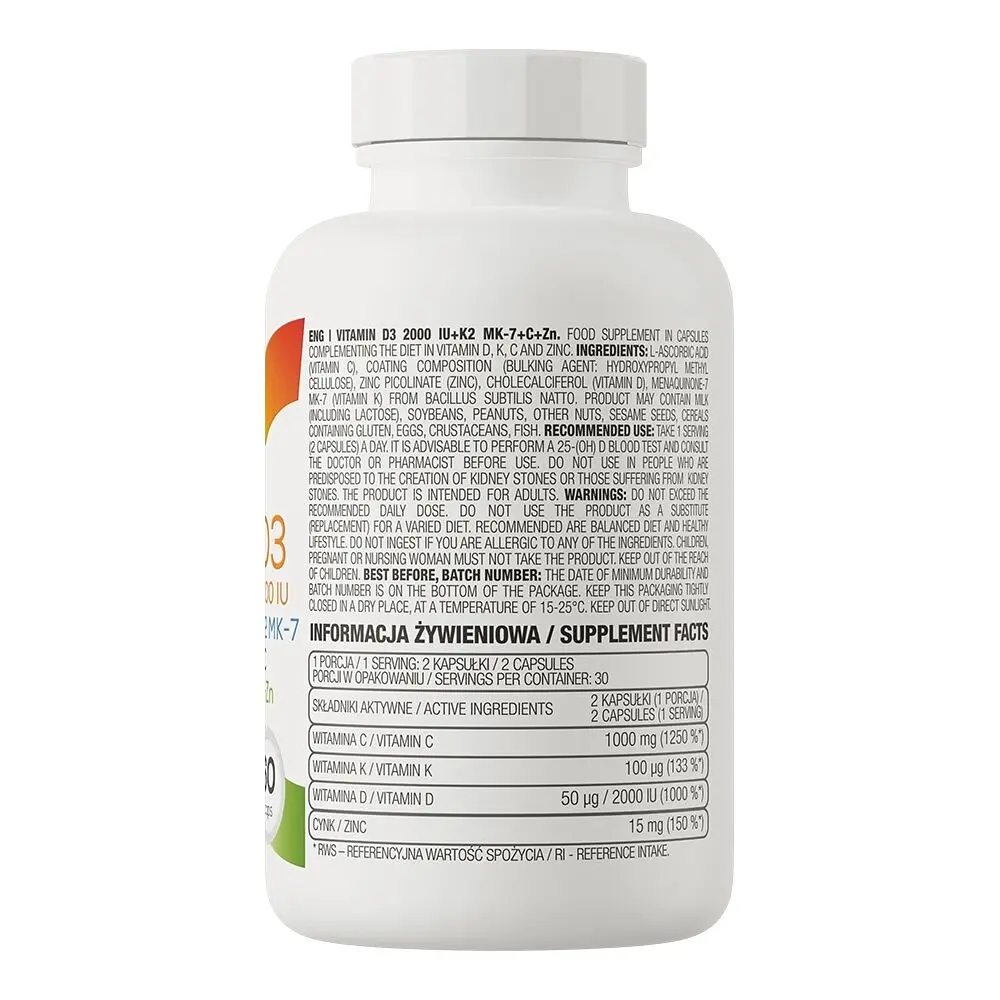 Вітаміни та мінерали OstroVit Vitamin D3 2000 IU + K2 MK-7 + C + Zinc, 60 капсул - фото 2