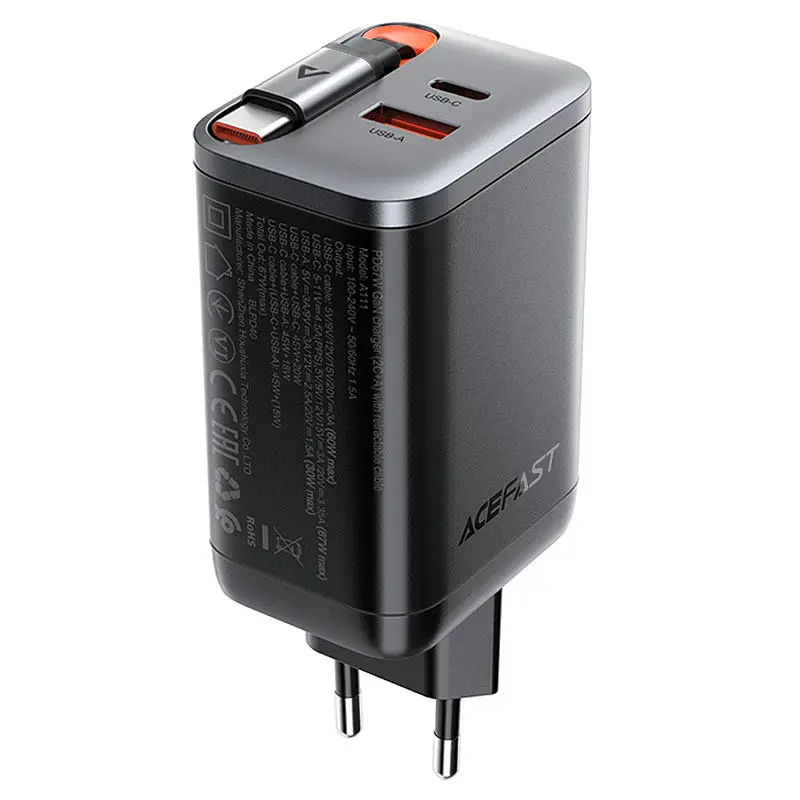 МЗП Acefast A111 GaN With Retractable Cable Type-C PD67W (1USB-A/1C) Black - фото 2