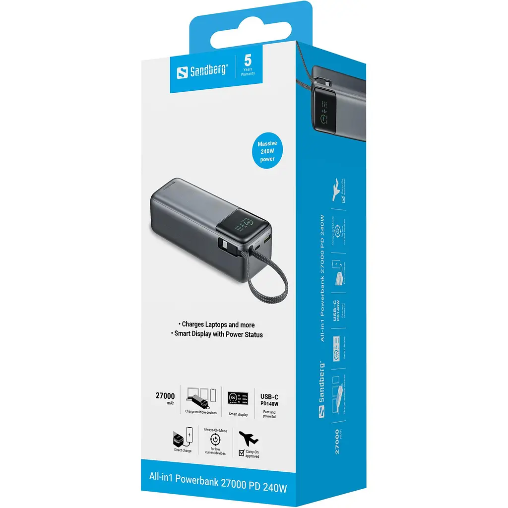 Універсальна мобільна батарея Sandberg All-in1 27000mAh PD 240W Grey (421-31) - фото 6