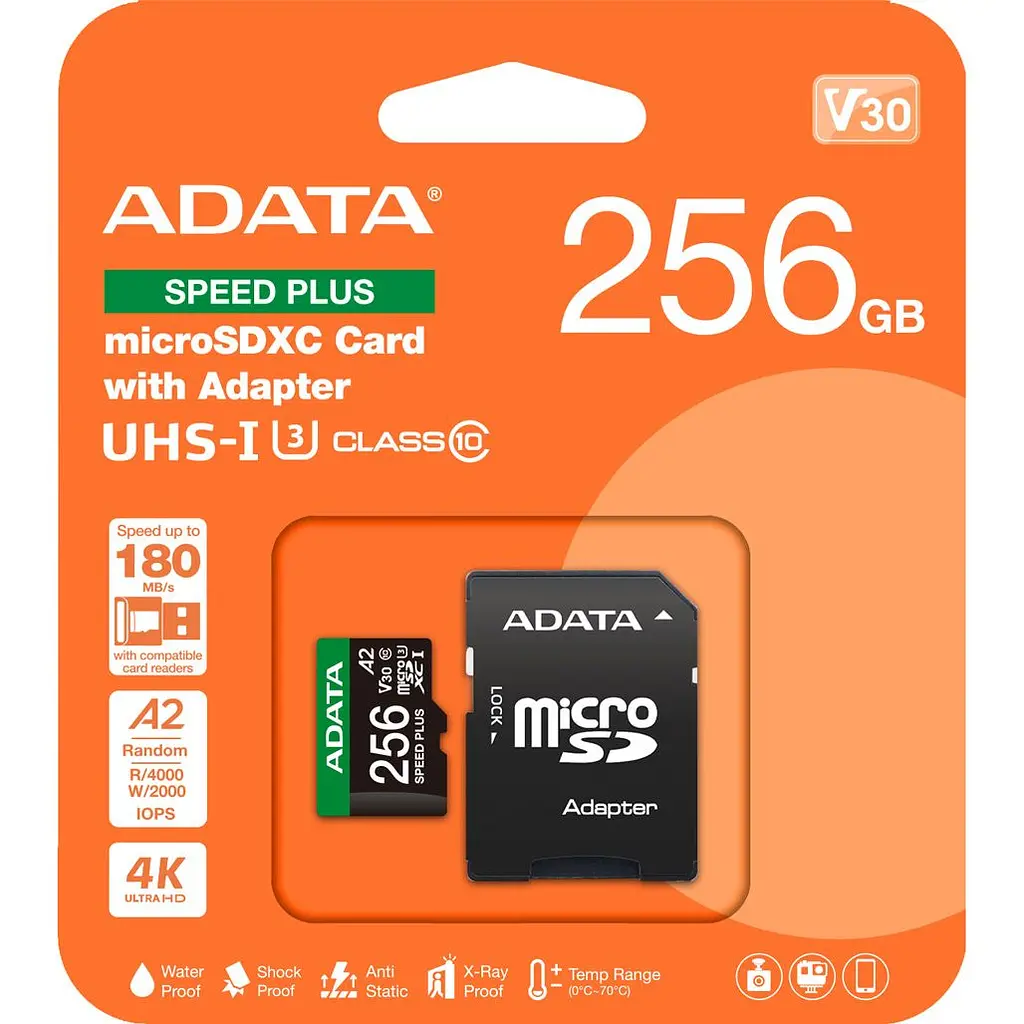 Карта пам'яті ADATA microSDXC Speed Plus 256Gb Class 10 UHS-1 A2 V30 + SD адаптер (UD256GUI3V30A2SP-RA1) [162139] - фото 3
