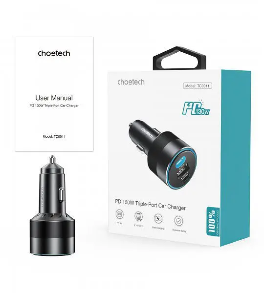 Автомобільний зарядний пристрій Choetech С0054 2xUSB-C+USB-A, 130 Вт, 5A, QC3.0/PD/PPS - фото 9