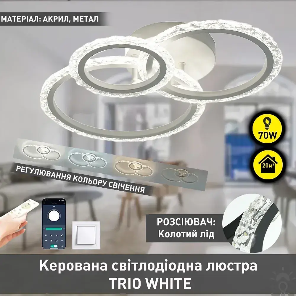 Смарт люстра керована світлодіодна TRIO ICE 3R 70 Вт 510x380x107 мм Бiла ESLLSE - фото 2