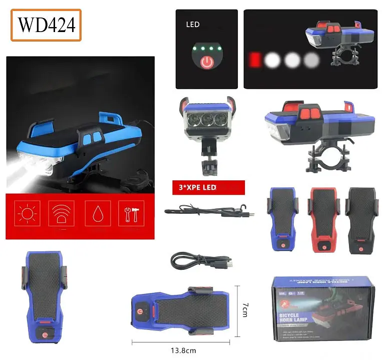 Велосипедний акумуляторний ліхтар велофара WD-424 утримувач телефону з кріпленням - фото 2