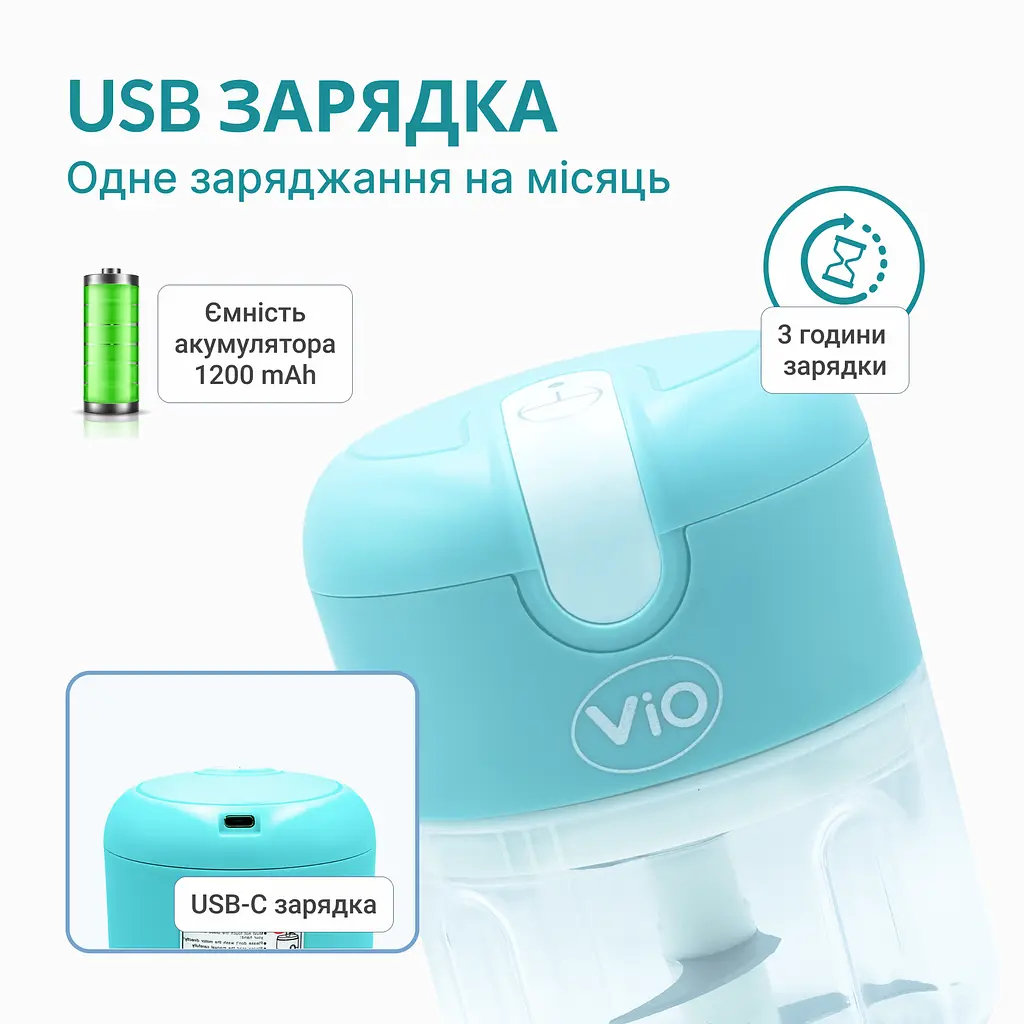 Акумуляторний USB подрібнювач продуктів ViO K02, 250 мл, бірюзовий, 30W - фото 6