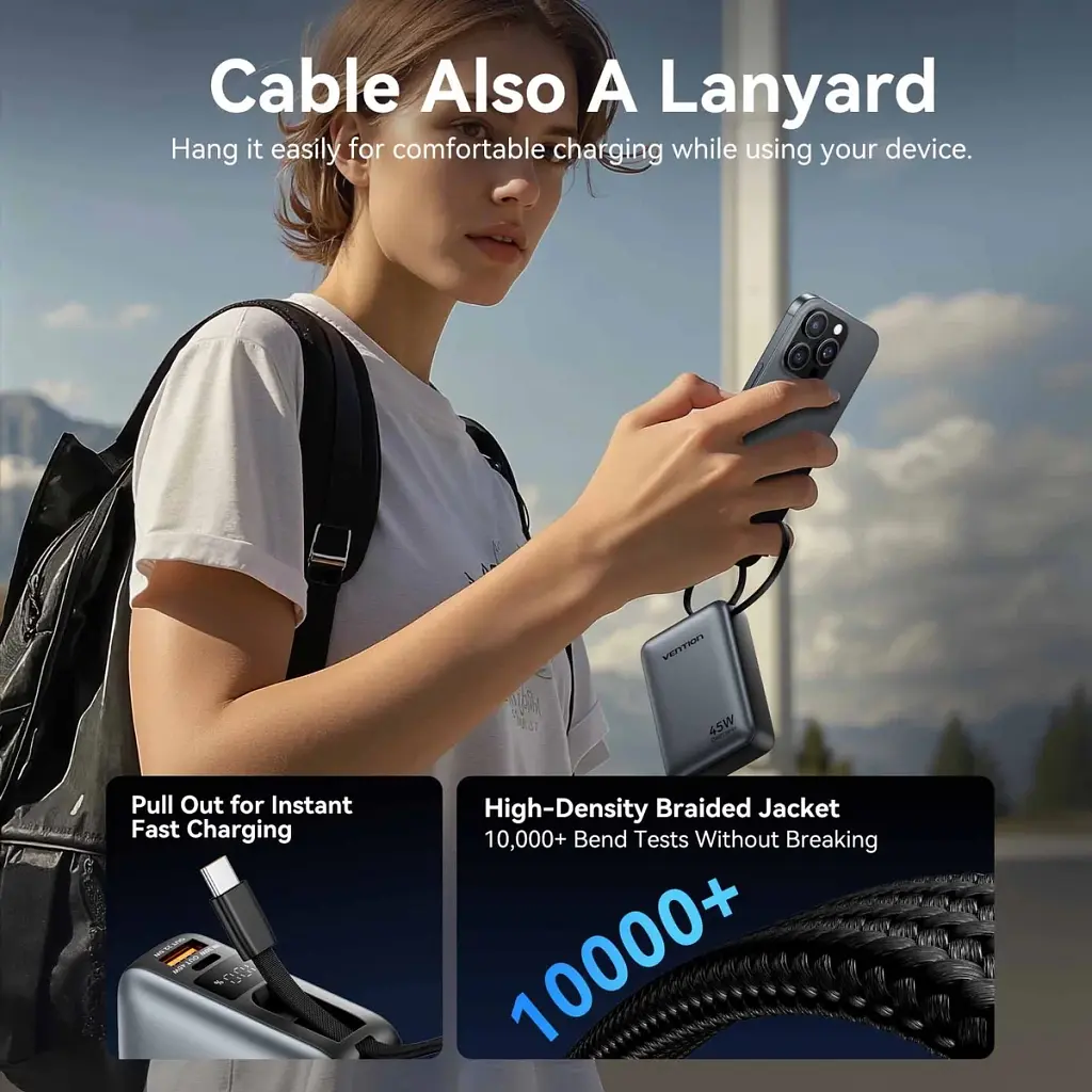 Батарея універсальна Vention 20000 mAh 45W Mini with Built-in USB-C Cable Gray (FHGH0) - фото 4