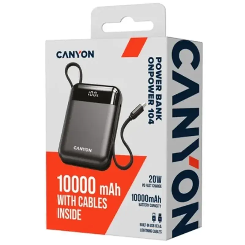 Батарея універсальна Canyon 10000mAh OnPower 104 PD/20W, QC/22.5W built-in cable Black (CNS-CPB104B) - фото 5