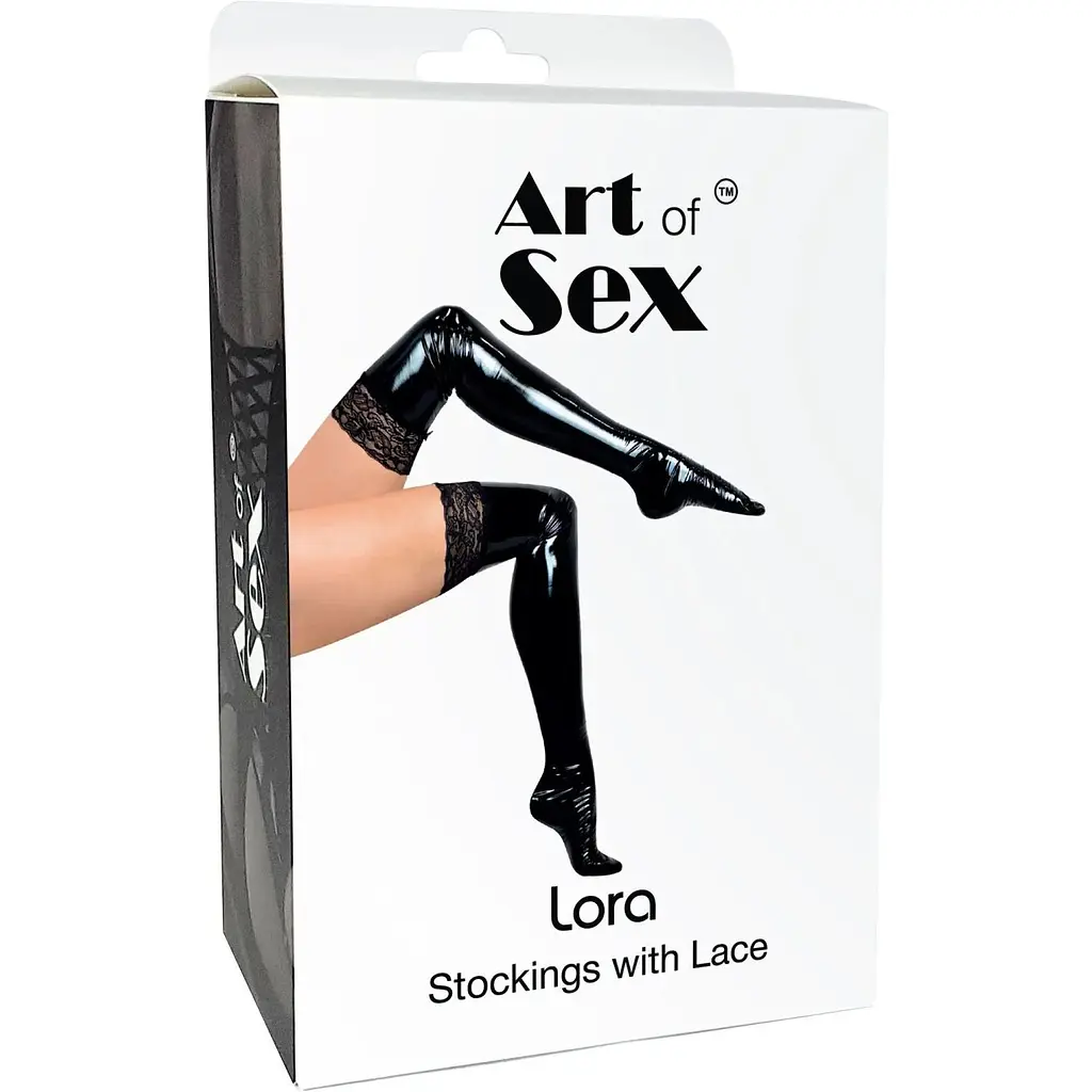 Сексуальні вінілові панчохи Art of Sex - Lora з мереживом, розмір M, колір червоний - фото 3