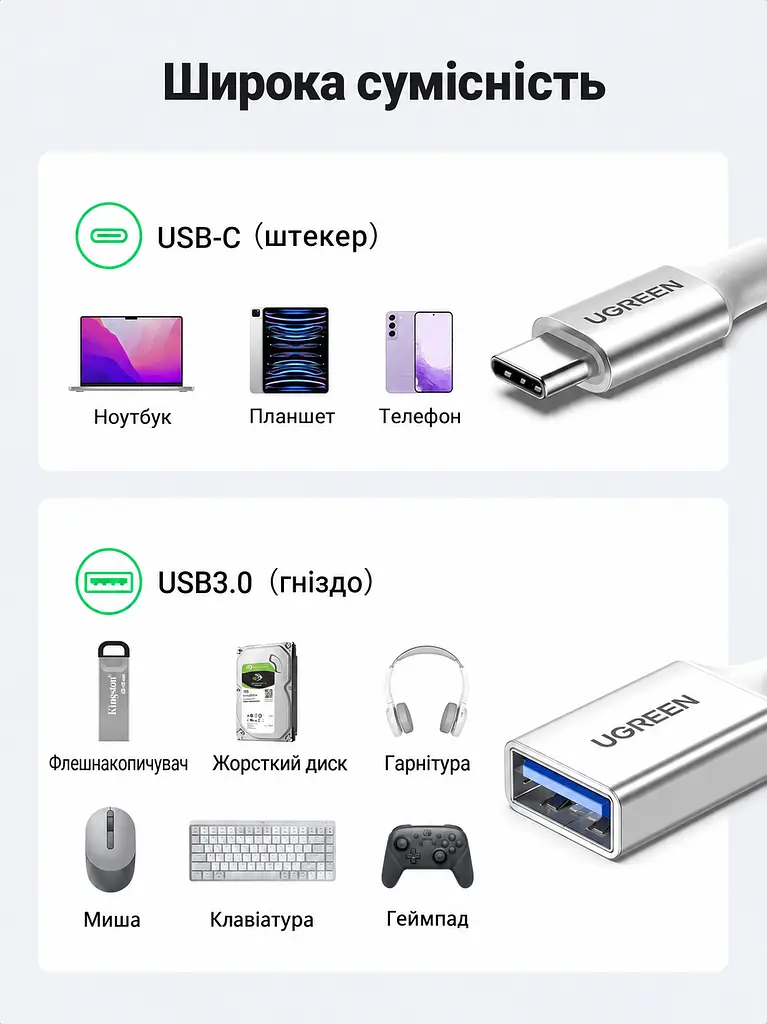 OTG-перехідник UGREEN US378 USB-C - USB-A 0,15 м сріблястий (15819) - фото 6
