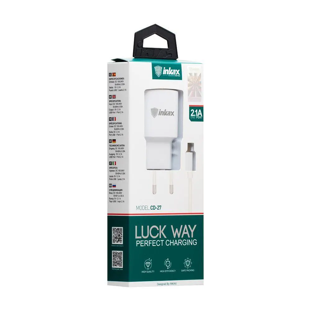 Мережеве заряджання Inkax CD-27 2.1A 1 USB + кабель Type C Білий - фото 4