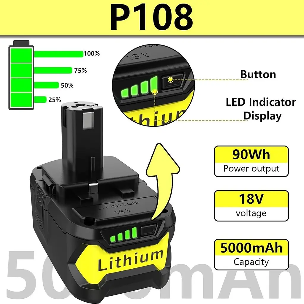 P108 18V 5000mAh Li-ion Заміна для батареї Ryobi ONE+ RBL1810 - фото 2