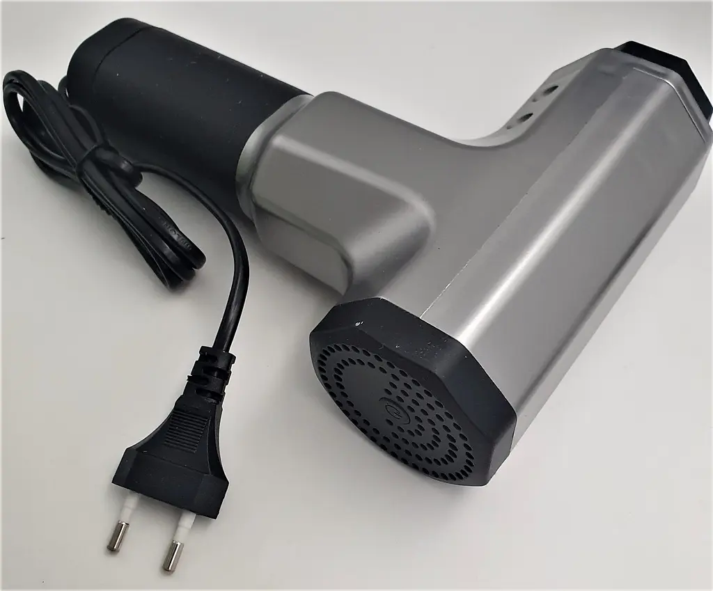 М'язовий масажер для тіла ручний 220V портативний 4 насадки Fascial Gun RF-709 сірий - фото 5