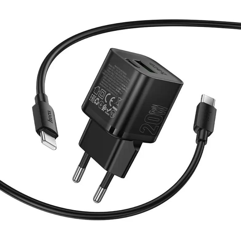 Мережевий зарядний пристрій з дротом Hoco N65 Ingenious GaN PD20W+QC 3.0 Type-C to Type-C універсальне заряджання 2 порти Чорний - фото 2