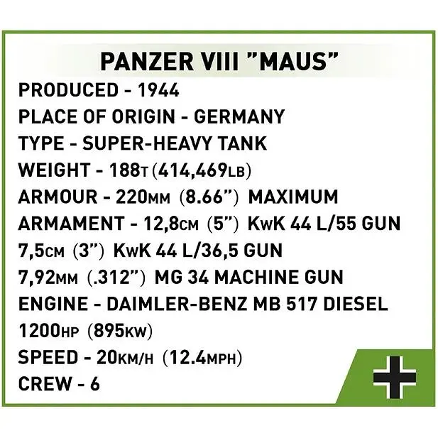 Конструктор Cobi Вторая Мировая Война Танк Maus, 890 деталей (COBI-2559) - фото 11