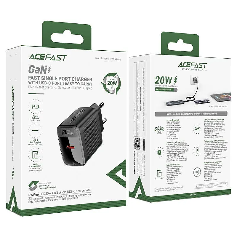 Сетевое зарядное устройство с кабелем Acefast A82 PD20W GaN single USB-C charger set (P5) (EU) черный - фото 2