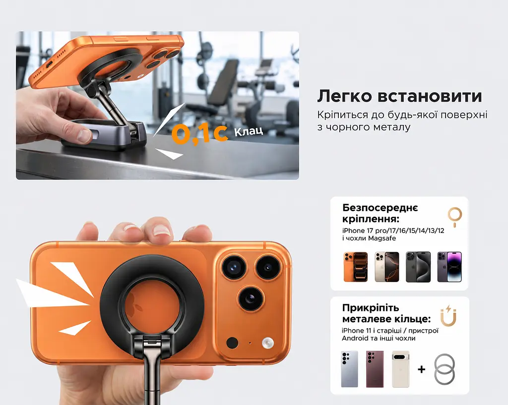 Магнітний тримач для телефона UGREEN Z1 LP1010 з магнітною основою для феромагнітних поверхонь сумісний із MagSafe з обертанням головки на 360° з регулюванням кута нахилу складаний з металевим кільцем у комплекті чорний (95371) - фото 10