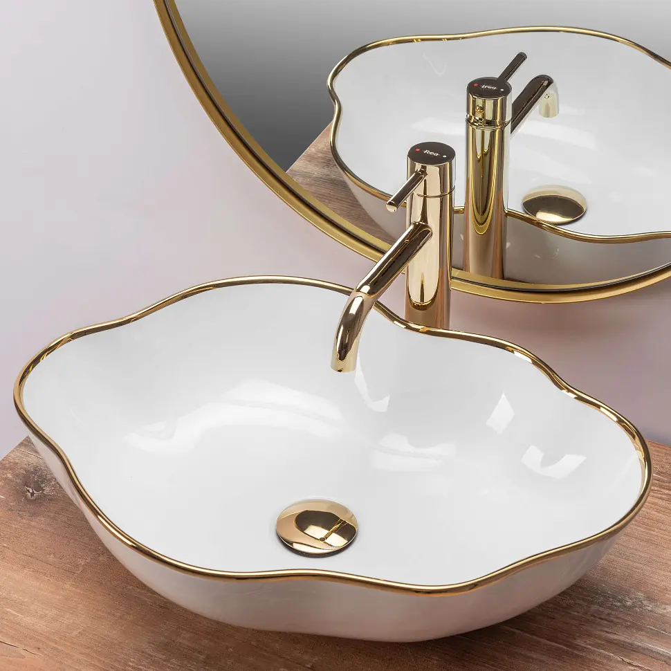Умывальник Rea Pearl 51,5x37,5 gold edge (REA-U0696), Глянцевая - фото 2