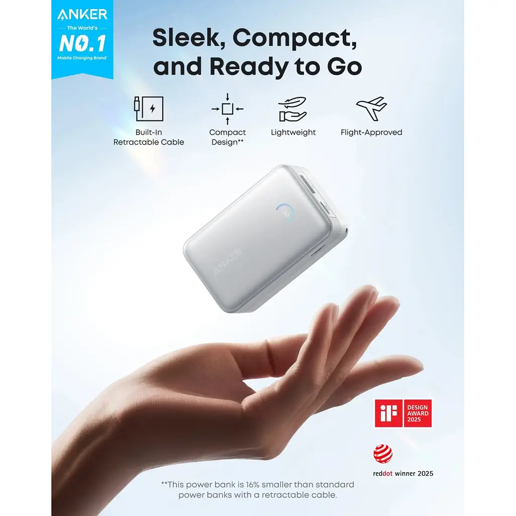 Батарея універсальна Anker 10000mAh Nano 45W, Built-In USB-C Cable, White (A1638H21) - фото 6