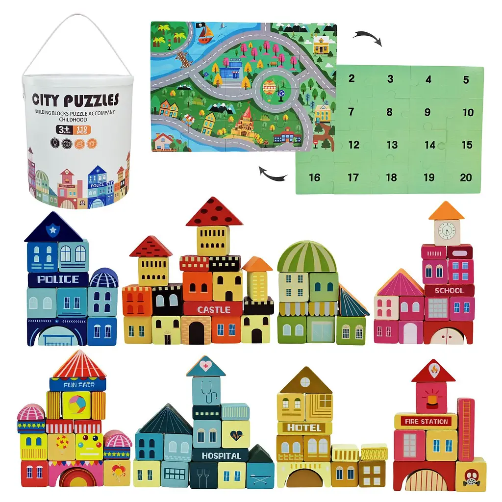 Дерев'яний конструктор-пазл City Puzzles з ігровим килимком та блоками (C15058)