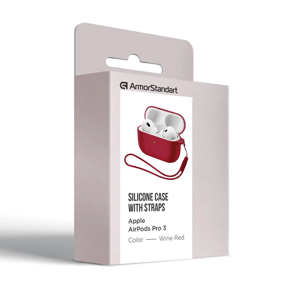 Силіконовий чохол для навушників Apple AirPods Pro 3, Silicone Case with straps, бордовий, захисний чохол з ремінцем, ультратонкий і легкий, повний захист, з підвіскою, м"який силікон, ArmorStandart (ARM88302) - фото 2