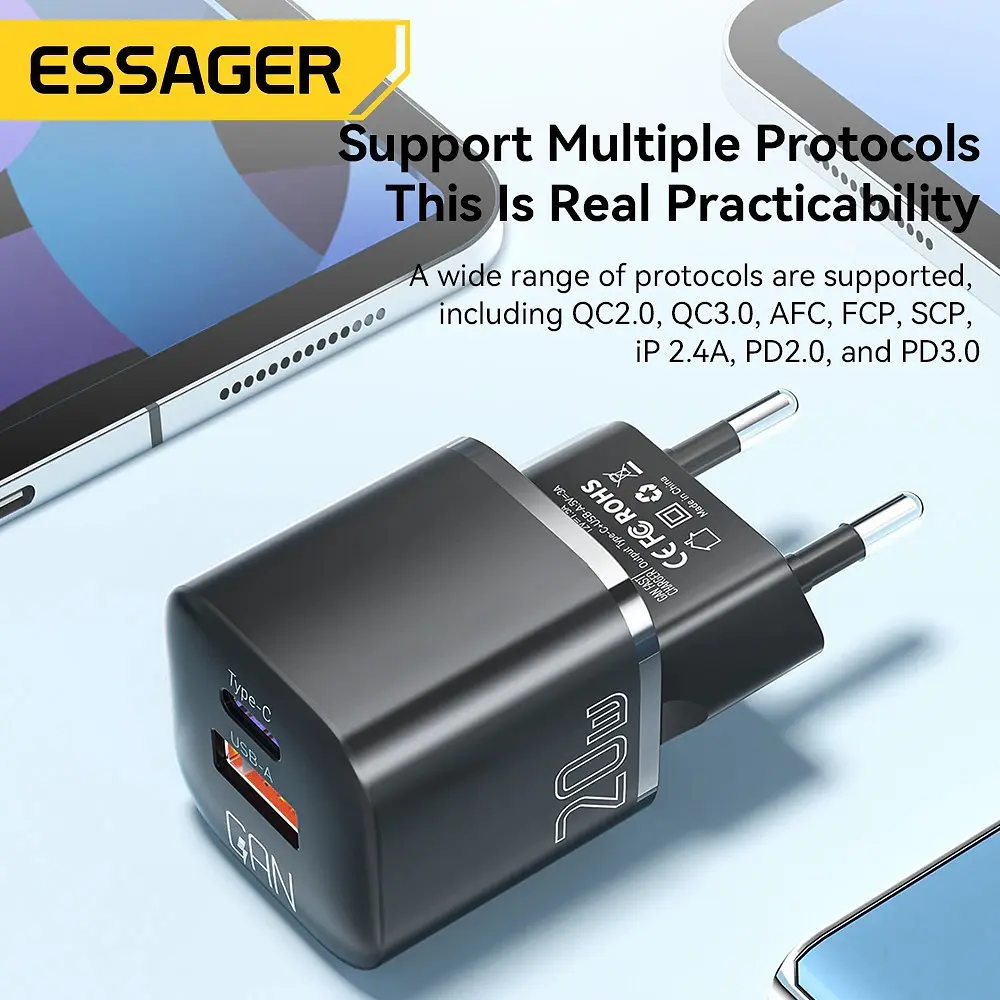 Мережевий зарядний пристрій Essager Camber 20W USB A + Type C Чорний (ECTAC-HMB01-P) - фото 5