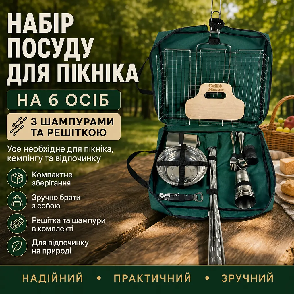 Набір посуду для пікніка на 6 осіб з шампурами 3 мм, решіткою гриль, флягою та чохлом - фото 2