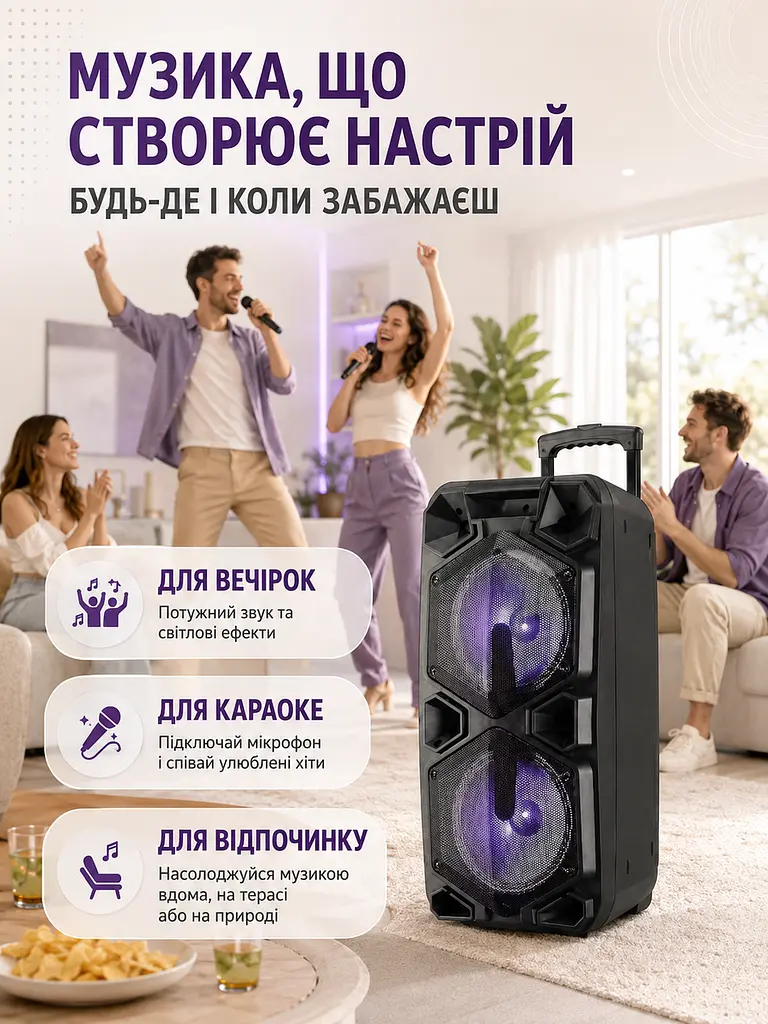Портативна колонка валіза 2×10″ PMPO 4000 Вт з мікрофоном, пультом і LED чорна (49676161) - фото 4
